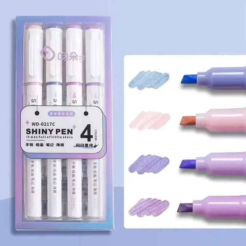 4 Colors Pastel Glitter Highlighters Notebook Highlight Marker Pencil School Writing Supplies For Students Kids Drawing Notes