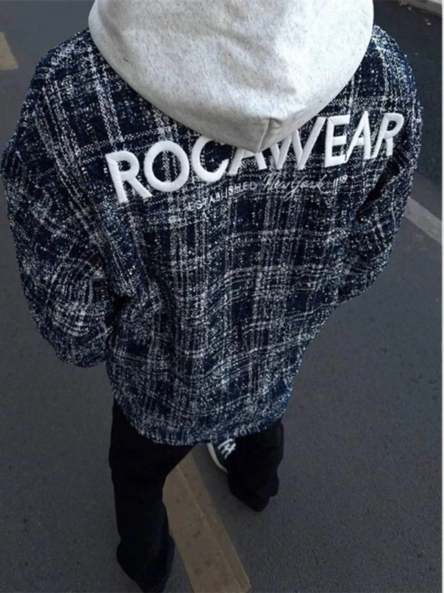 

Мужская свободная вязаная рубашка-куртка в клетку, осенняя, модная, молодежная, из полиэстера, с воротником-стойкой, верхняя одежда