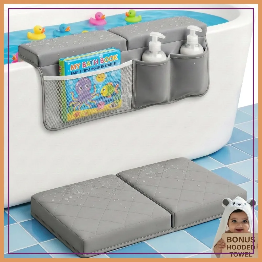 2inch XL Bath Kneeler & Elbow Rest Pad Set + Hooded Towel - Dual-Layer Memory Foam Bathtub Kneeling Pad for Bathing