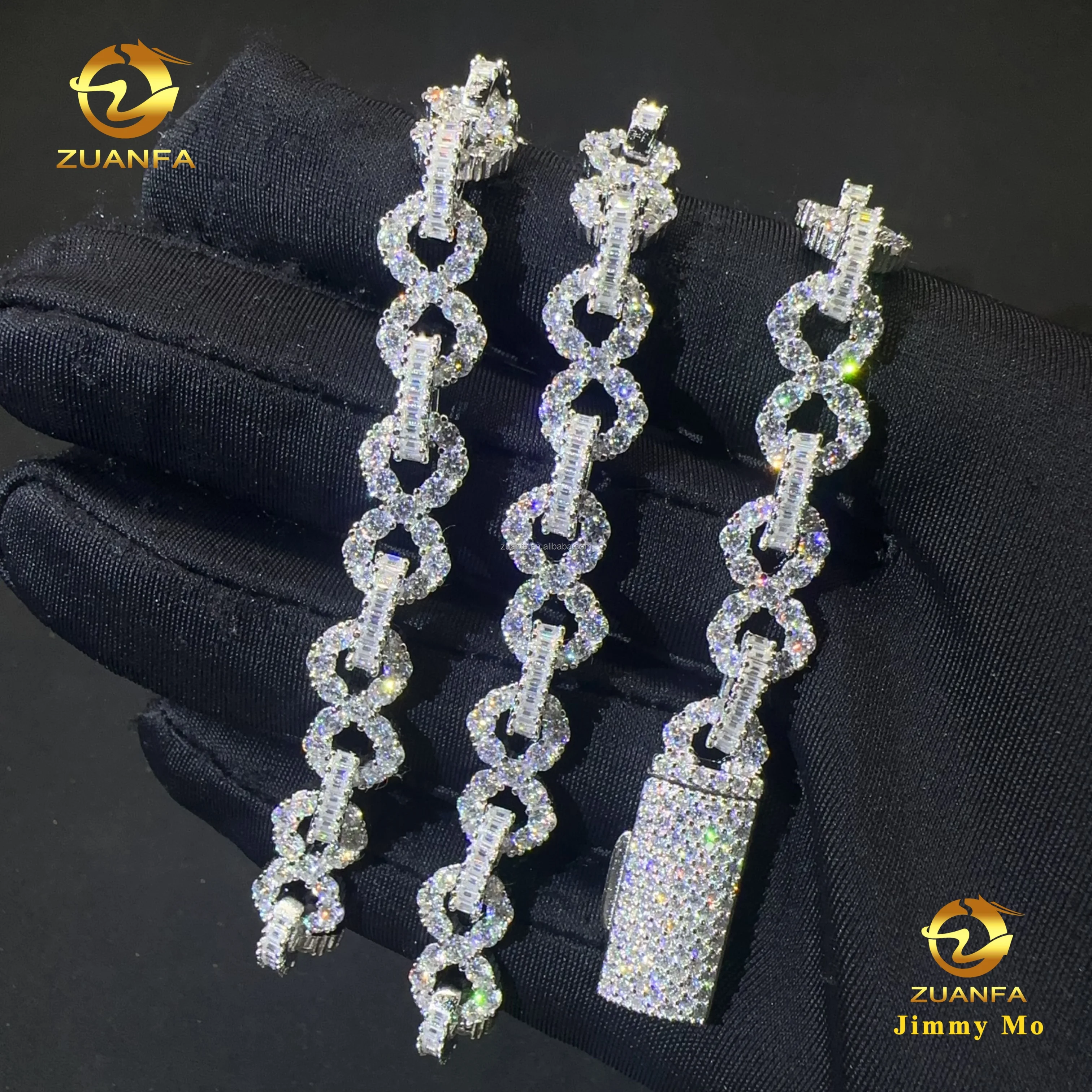 New Design 8mm Hip Hop Rapper GRA Certificate 925 Solid Silver Iced Out Baguette Moissanite Infinity Cuban Link Chain&Bracelet，