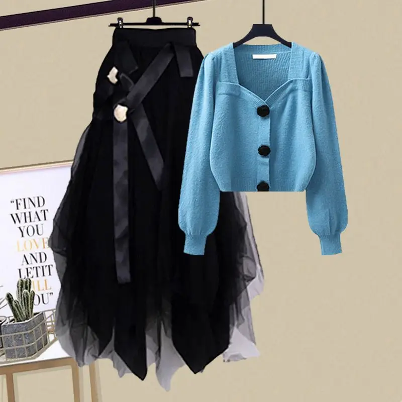 Sweet and Fashionable Women's Set 2024 Autumn New Square Neck Knitted Sweater Mesh Half Skirt Two Piece Set