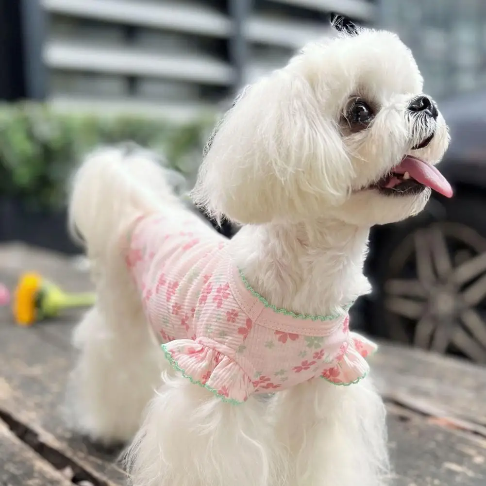 Summer Dog Vest Floral Printing Delicate Hemming Dog Costume Flying Sleeves Two-legged Breathable Cat Shirt For Home Wear