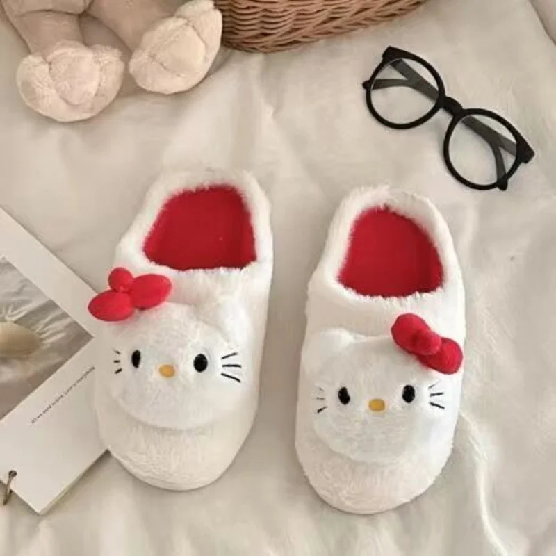 Sanrio Hello Kitty Autumn and Winter Green Plush Warm Women's Cotton Slippers Cute Cat Indoor Home Soft Bottom Baotou Slippers