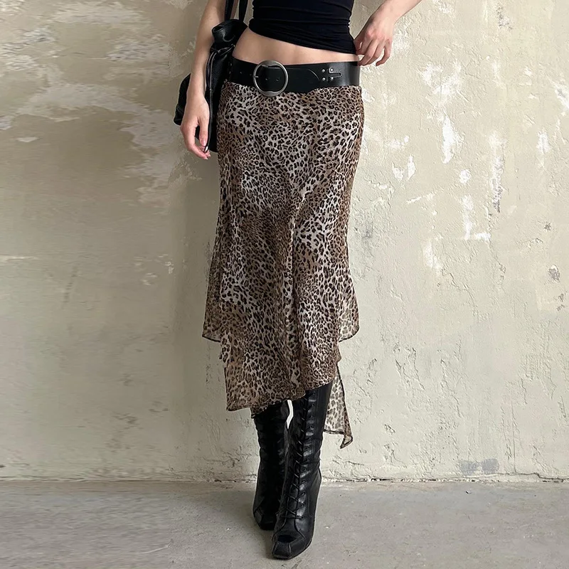 

SKMY Light Mature Temperament Leopard Printed Mesh Irregular Long Skirts 2025 Autumn Winter New Party Skirts Women's Clothing