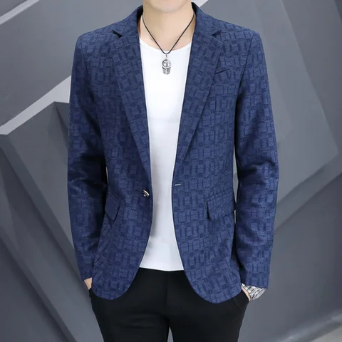 남성 슬림 피트 격자 무늬 정장 싱글 브레스트 공식 코트 패션 봄 가을 새로운 2024 잘 생긴 젊은 작은 크기