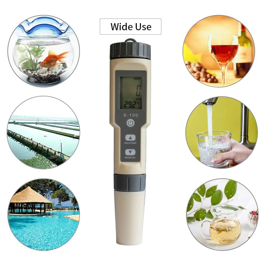 S-100 Salinity Meter EC TDS Temperature Four-in-One Tester, Multifunctional TDS Water Quality Testing Pen Backlight
