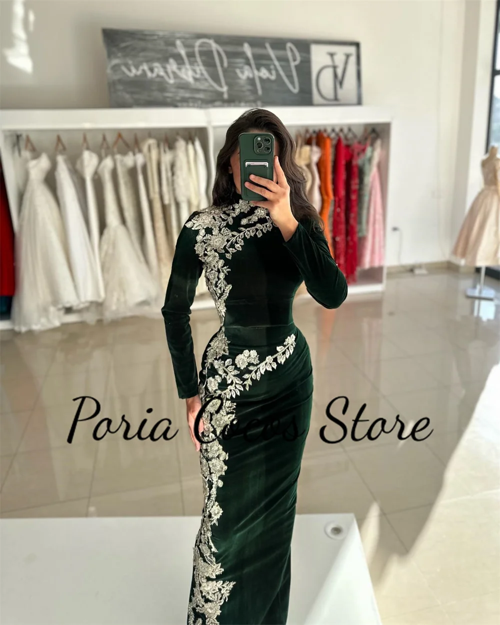 Customized Sheath Velvet Evening Dress High Neck Long Sleeves Applique Pleats Elegant Floor Length Women\'s Party Prom Gown فساتي