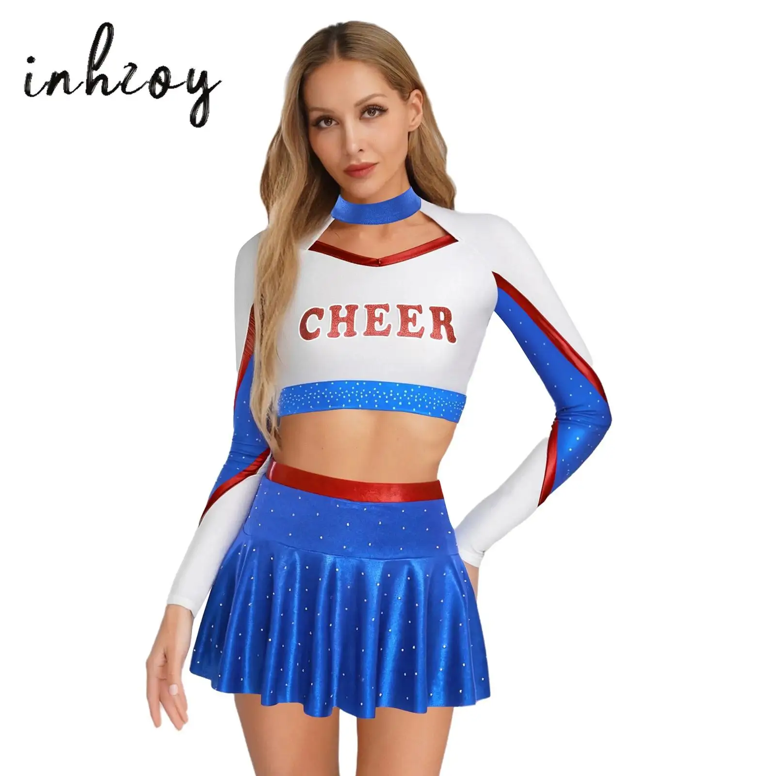 

2Pcs Womens Cheerleading Dance Uniform Long Sleeve Hollow Out Metallic Shiny Contrast Color Crop Top + A-line Miniskirt Outfits