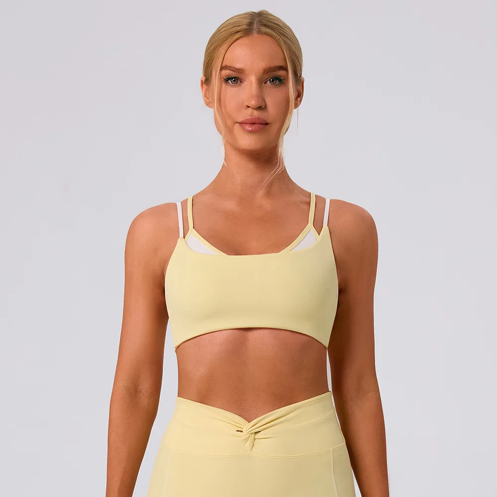 

Maxdutti 2026 Naked Contrasting White Stripe Fake Two-piece Running Sports Top Twisted Sports Bra Yoga Camis T-shirt For Women