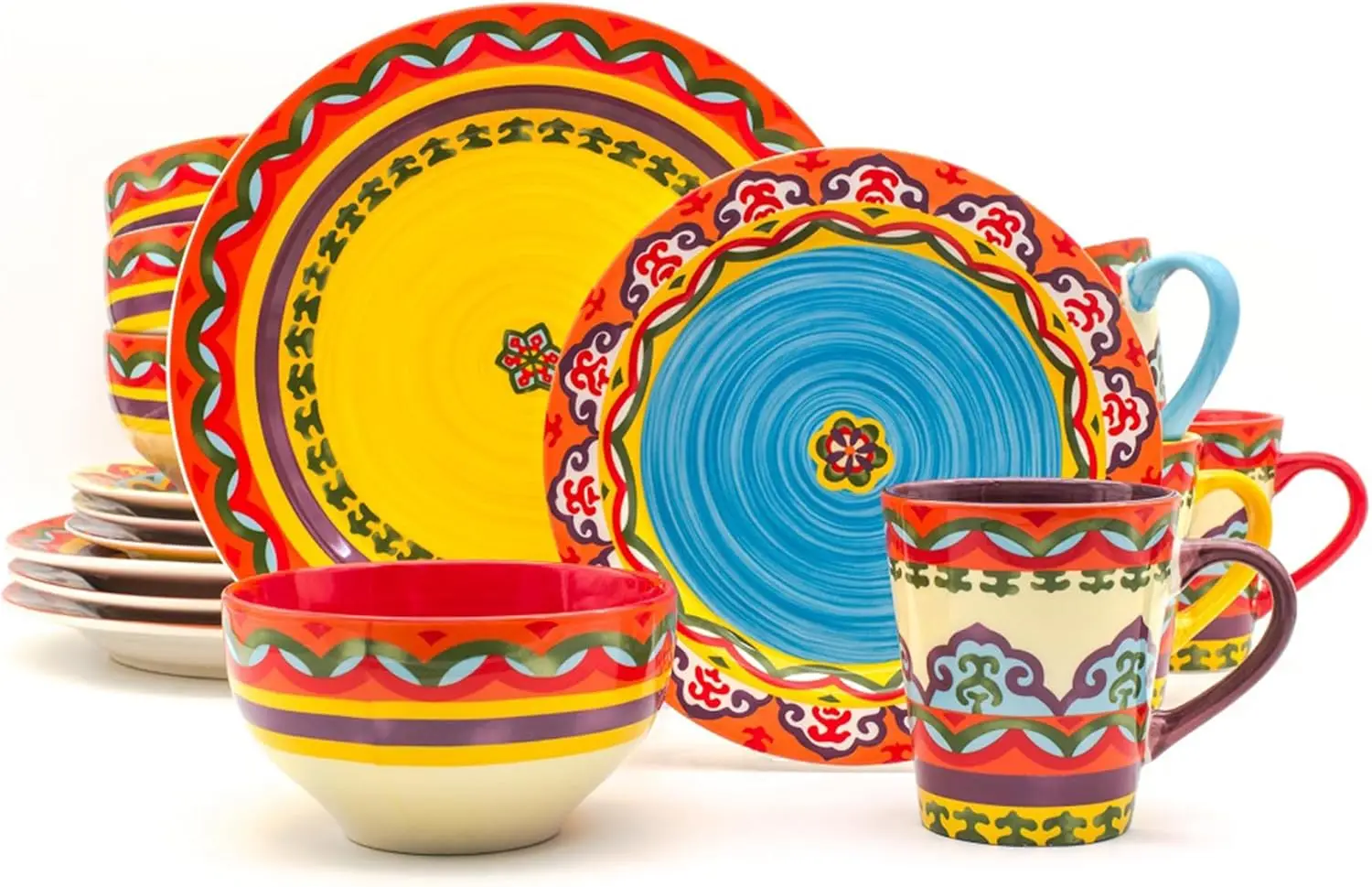 

EC-GAL-1001 Galicia Collection Andalusian-Inspired 16 Piece Dinnerware Set, Vibrant Assorted Patterns, Multicolor