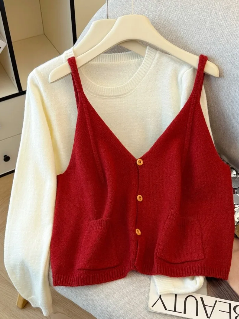 V-Ne Svel سترة علوية نسائية طويلة محبوكة مكونة من قطعتين مجموعة ذاتية الحفاظ على Sle للتنقل الكورية بقصة ضيقة