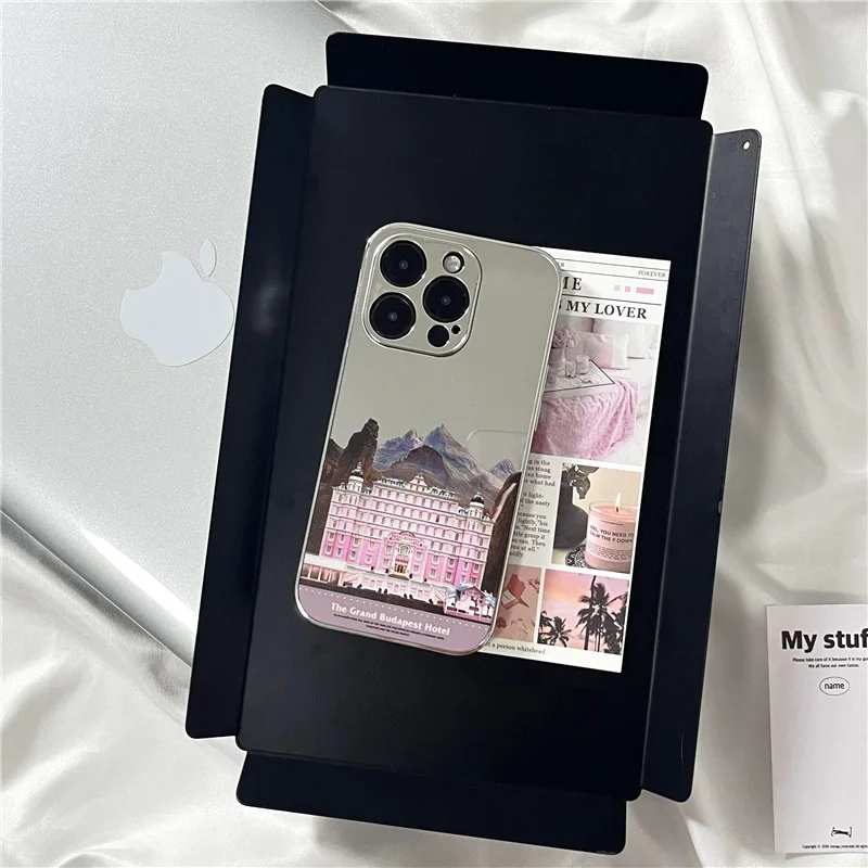 Korean INS Creative Mirror Back Budapest Hotel Modern Phone Case for iPhone 15 14 13 Pro Max Back Cover for 12 Pro Funda