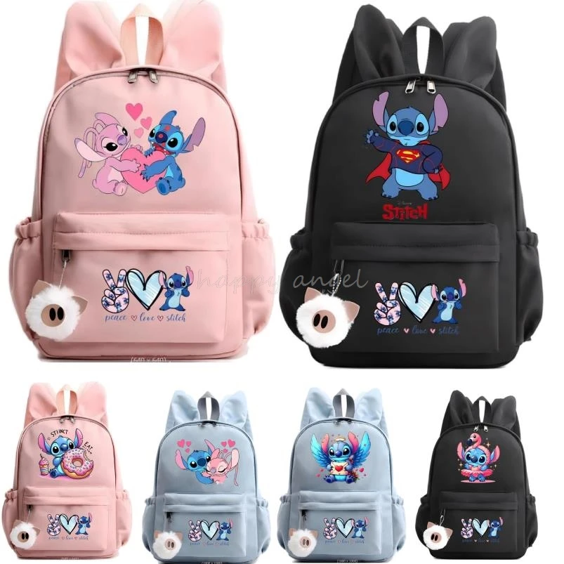 Tas ransel Disney Lilo Stitch untuk anak lelaki perempuan, tas punggung pelajar remaja, tas sekolah kasual wanita, tas bepergian telinga kelinci Mochila