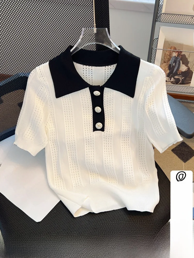 Summer Ice Silk Short Sleeve  Neck Knitted T-Shirt Women's Fashionable Small Shirt Commute Style Korean Version Straight Cut