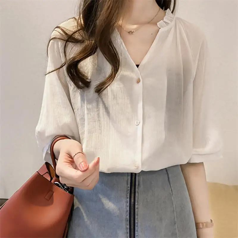 Women's Clothing Korean Style V-Neck Chiffon Blouse Spring New Short Sleeve Loose Fit Ethereal Student Casual Trendy Top