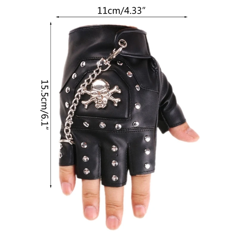 Men Punk Fingerless Gloves Rivets Metal Chain Biker Mittens One Size Dance Gloves Black PU Leather Costume Accessory
