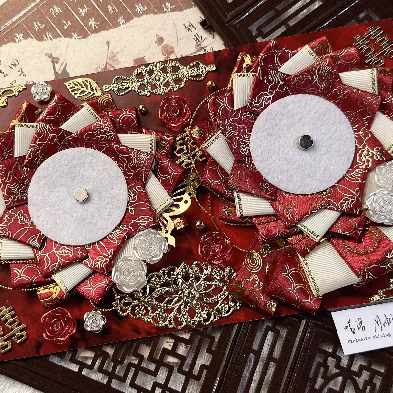 【Finished Product】Chinese Style Wedding Ita Bag Insert Board Red Ribbon Bow Badge Holder Pin Badge Decoration Craft Gift