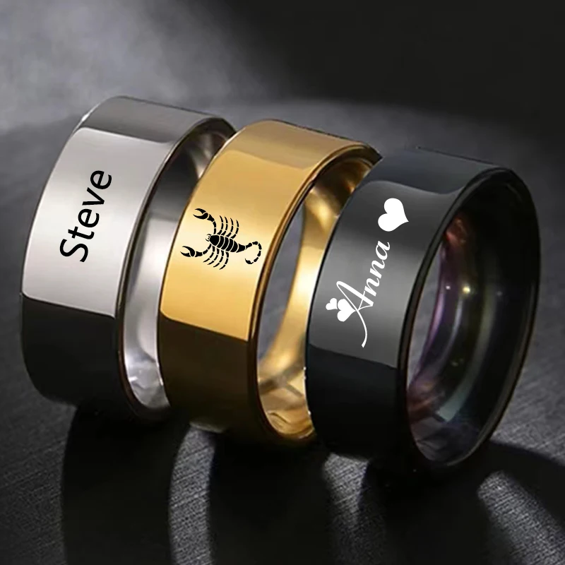 

Trendy 8mm Smooth Customized Stainless Steel Personalized Ring for Women Men Custom Engrave Name Logo Lover Couple Jewelry Gifts