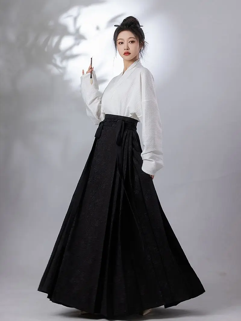 

Yourqipao Retro Chinese Improved Ancient Hanfu Style Ma Mian Skirt Loose Shirt Long Dress Two Pieces Set for Women Daily Dress