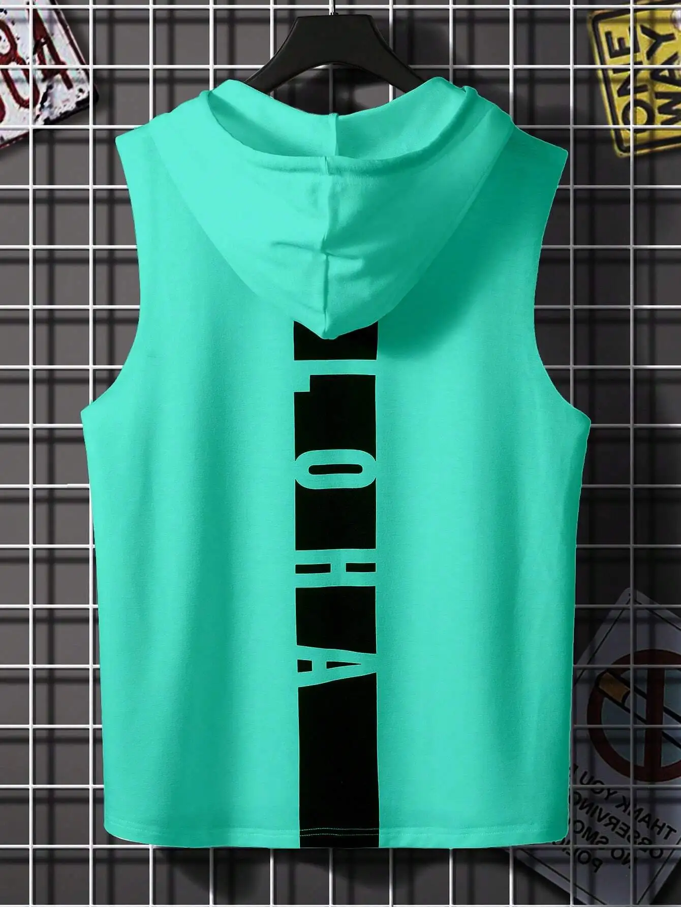 

Men's Sleeveless Hooded Tank Top with Vertical Graphic Print