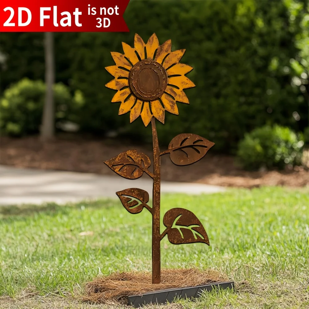 1pc Metal Sunflower Yard Art 2D Flat Iron Flower Decor for Garden Lawn Patio Outdoor Decoration Rustic Plant Statue Garden Decor