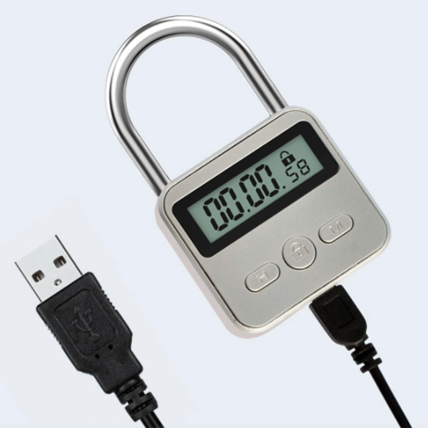 Metal Timer Lock LCD Display Multi-Function Electronic Time 99 Hours Max Timing USB Rechargeable Timer Padlock,Silver