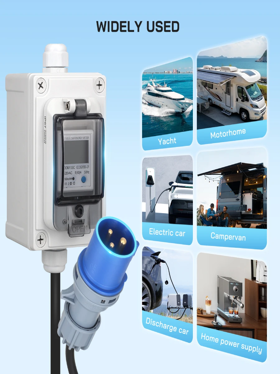 Mobiele digitale elektriciteitsmeter 230 V, 60 A mobiele meter CEE buiten KWH-meter IP67 waterdichte industriële stekker LED-vermogensmeter - afbeelding 2