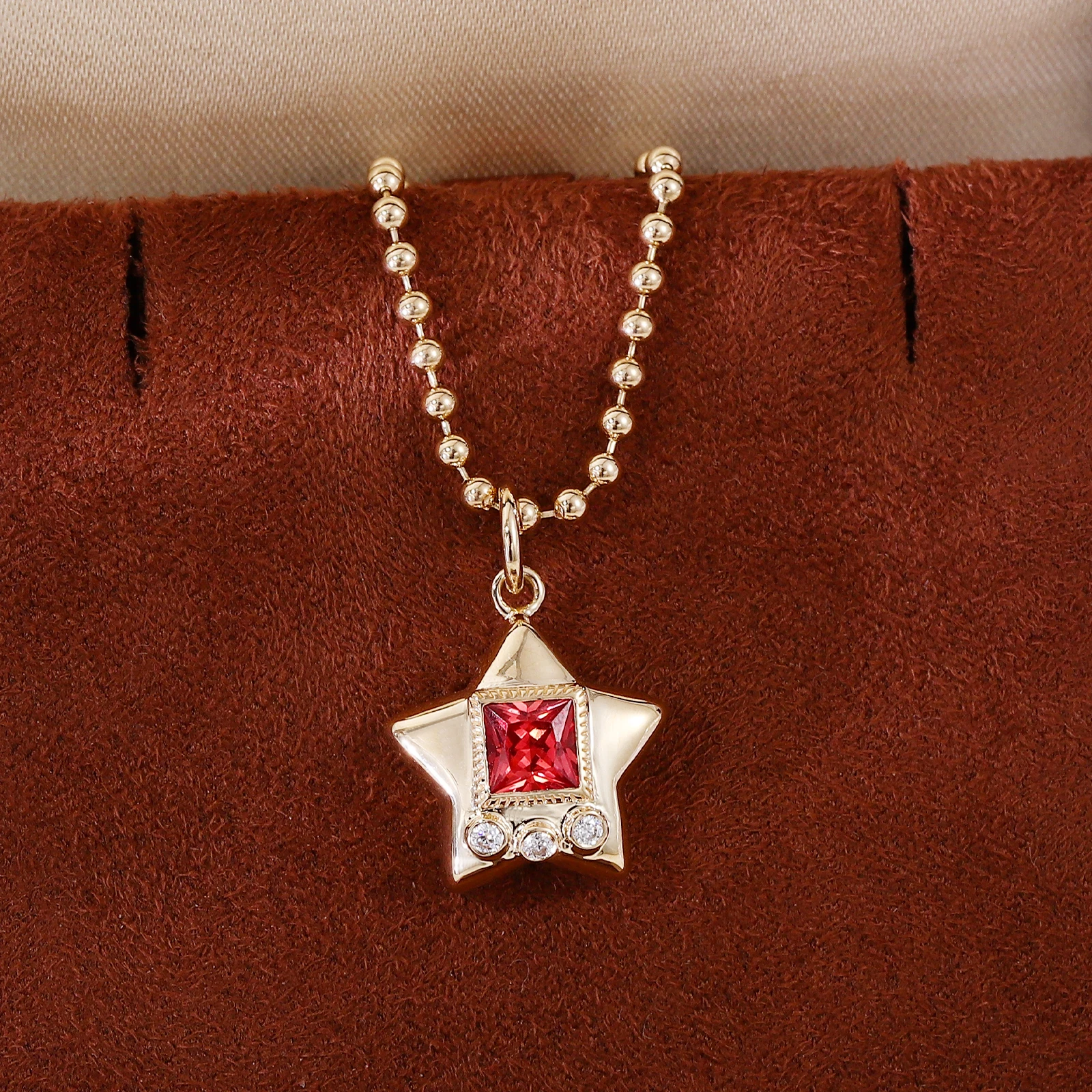 Provence 10K Yellow Gold Star Pendant Princess Cut Red Gemstone With Round Moissanite Stones Beaded Chain Fine Jewelry for Women