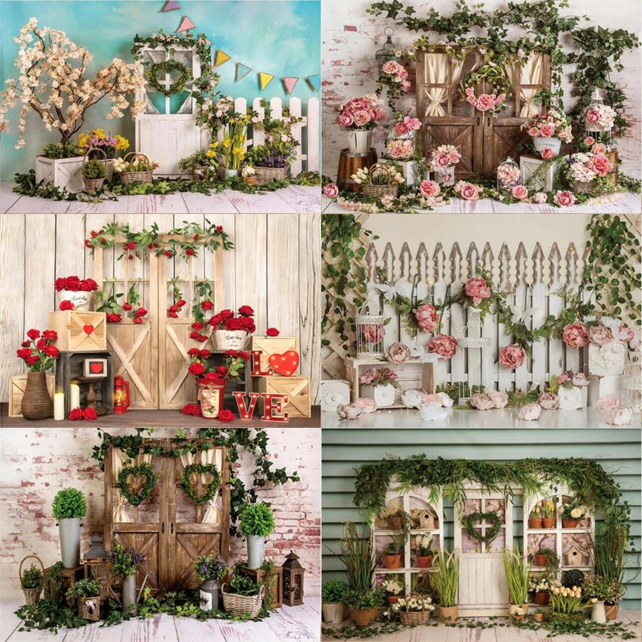 

Baby Shower Birthday Photography Backdrop Flowers Wooden Door Party Decor Background Banner Photophone Photo Studio Props Poster