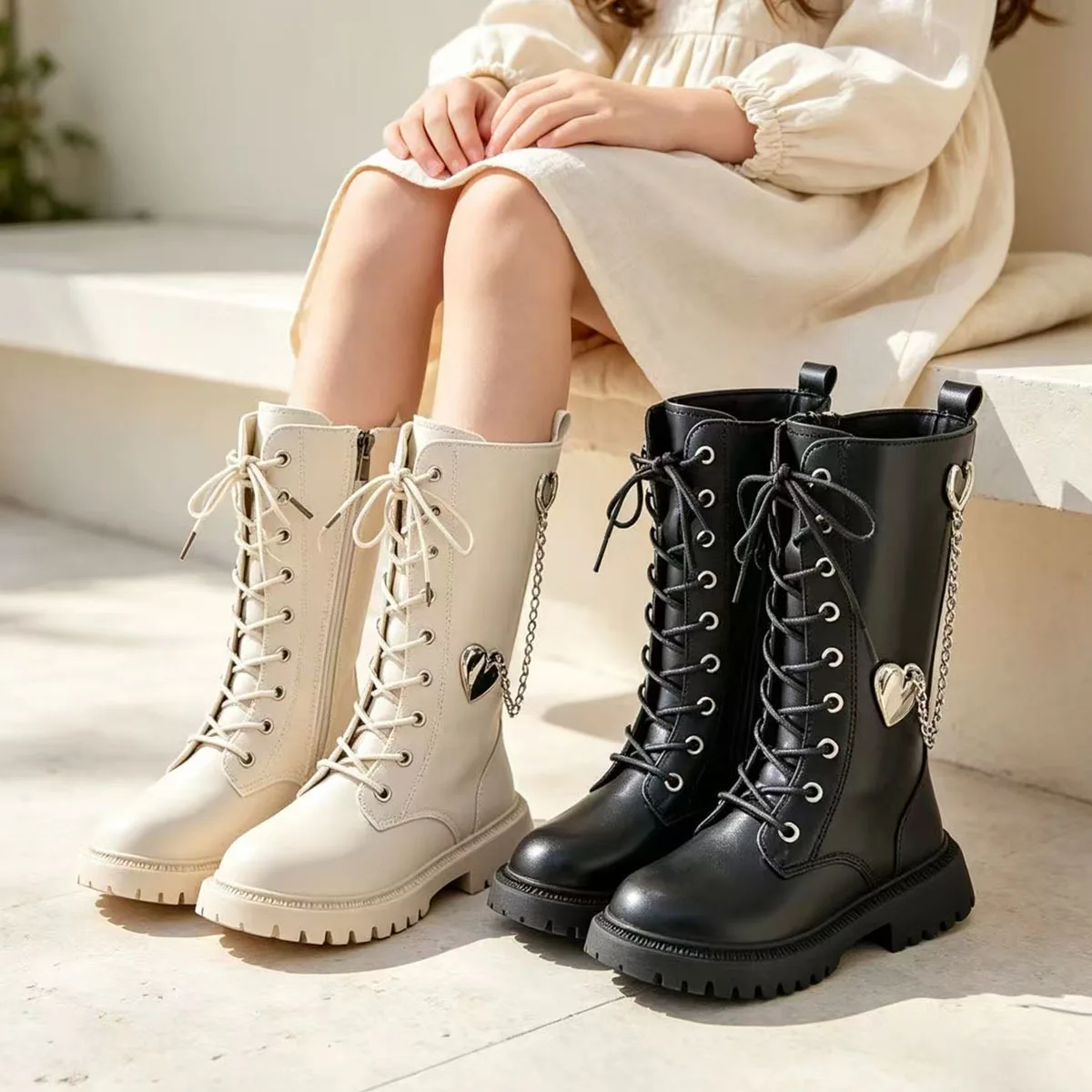 New Autumn Winter Kids Chelsea Boots Girls Fleece-Lined Non-Slip Long Boots Lightweight Comfortable Casual High Boots Children