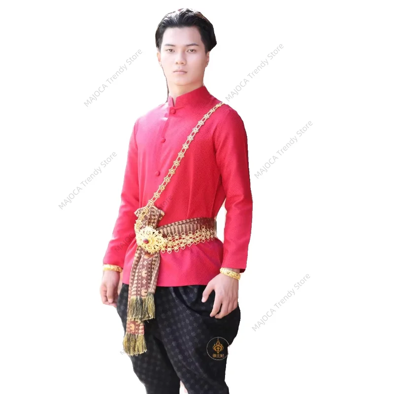 

Traditional Thailand Clothing for Men Tops Pants Palace Retro Slim Fit Spring Autumn Thai Costume Southeast Style