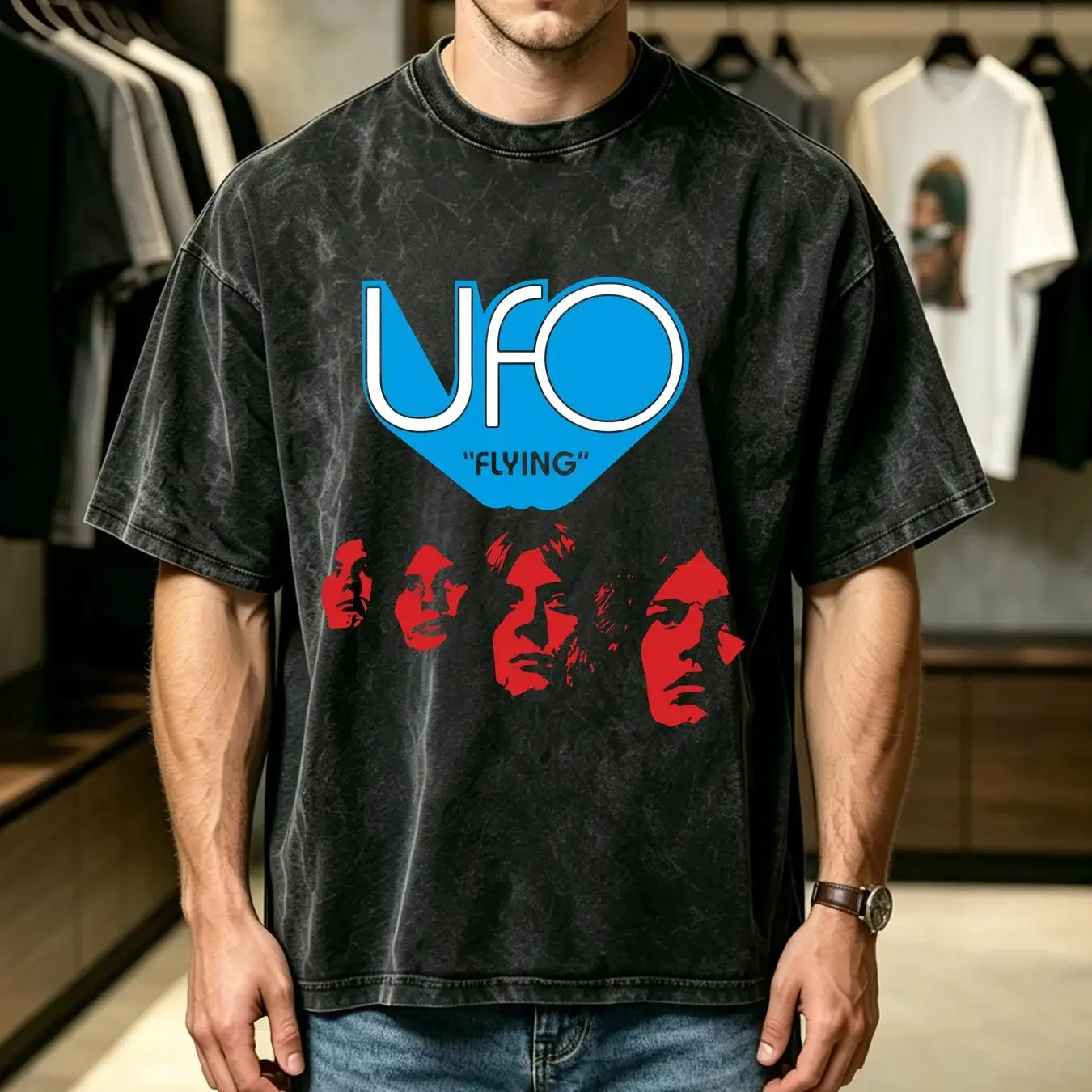 washed T Shirt UFO Flying Rock Band Vintage Black Cotton S 3XL Fans long or short sleeves vintage Washed designer clothes Soft