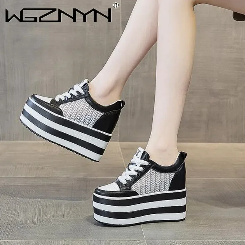 Scarpe basse con zeppa con plateau in vera pelle Air Mesh da 12 cm NUOVE scarpe con tacco alto moda bianca di alta marca da donna primavera estate