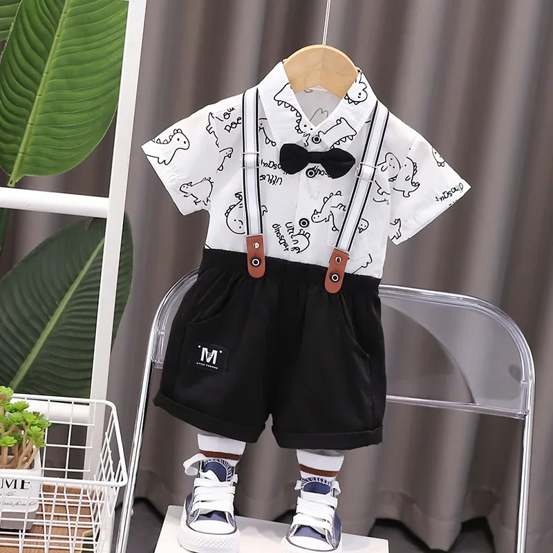 Baby Boys 2PCS Formal Outfit Dinosaur Print Short Sleeve Shirt with Bow Tie Suspender Shorts Set for Kids Birthday Wedding Party
