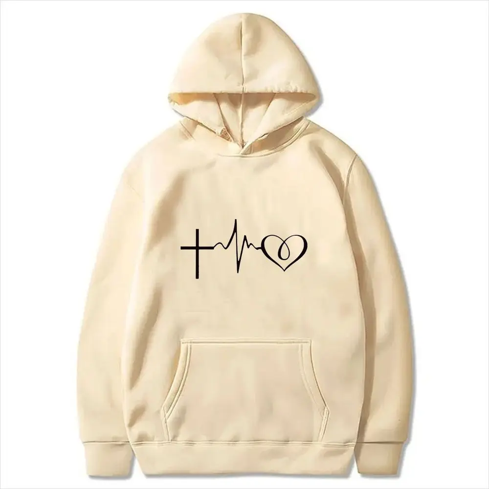 Faith Cross Heartbeat Print Women Hoodie Long Sleeve Pullover Autumn Winter Y2k Casual Loose Streetwear Graphic Aesthetic Tops