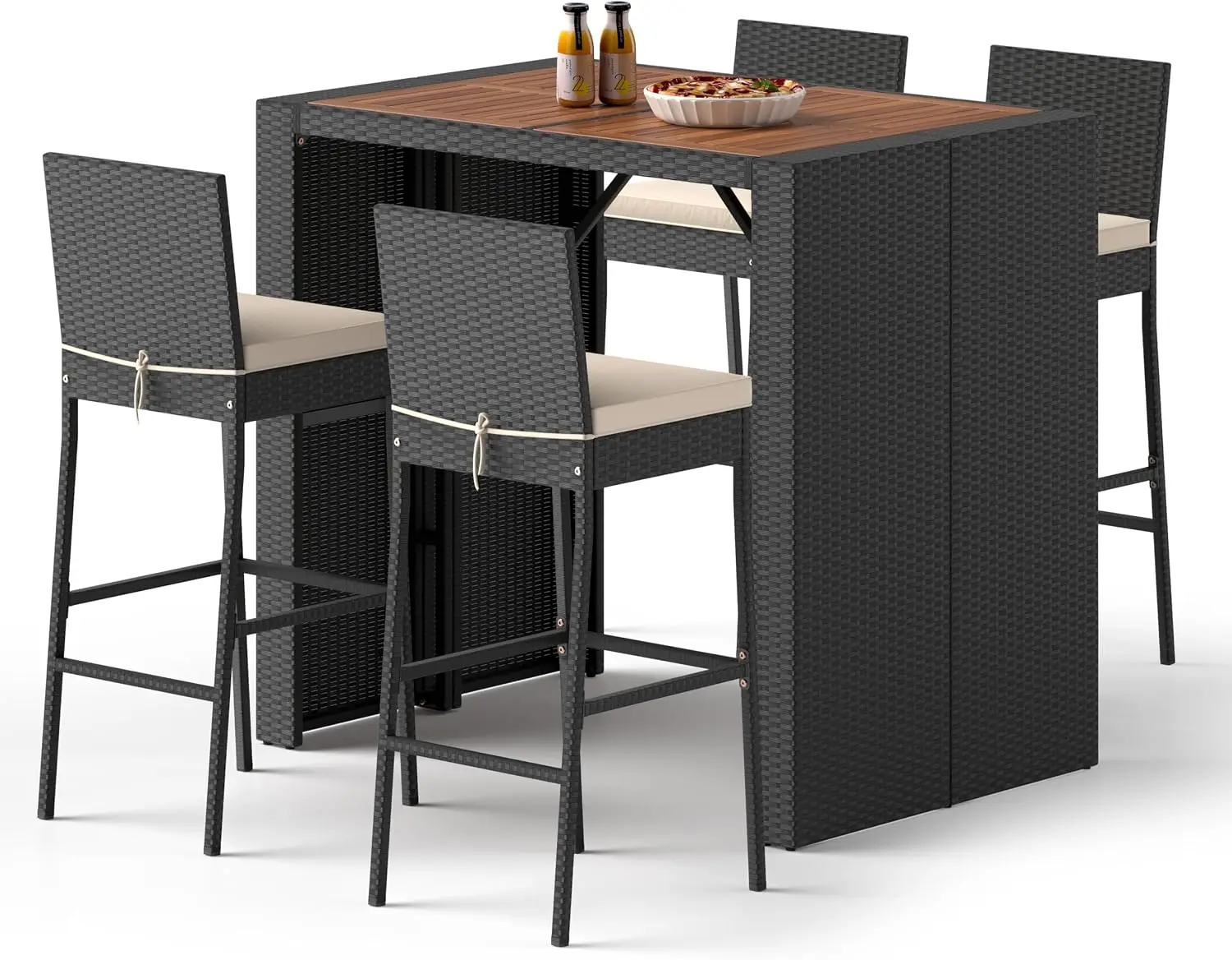 5 Piece Outdoor Bar Set Wicker Rattan Bar Height Dining Table Acacia Wood Top 4 Bar Stools Chairs Seat Cushions Backrest Footres