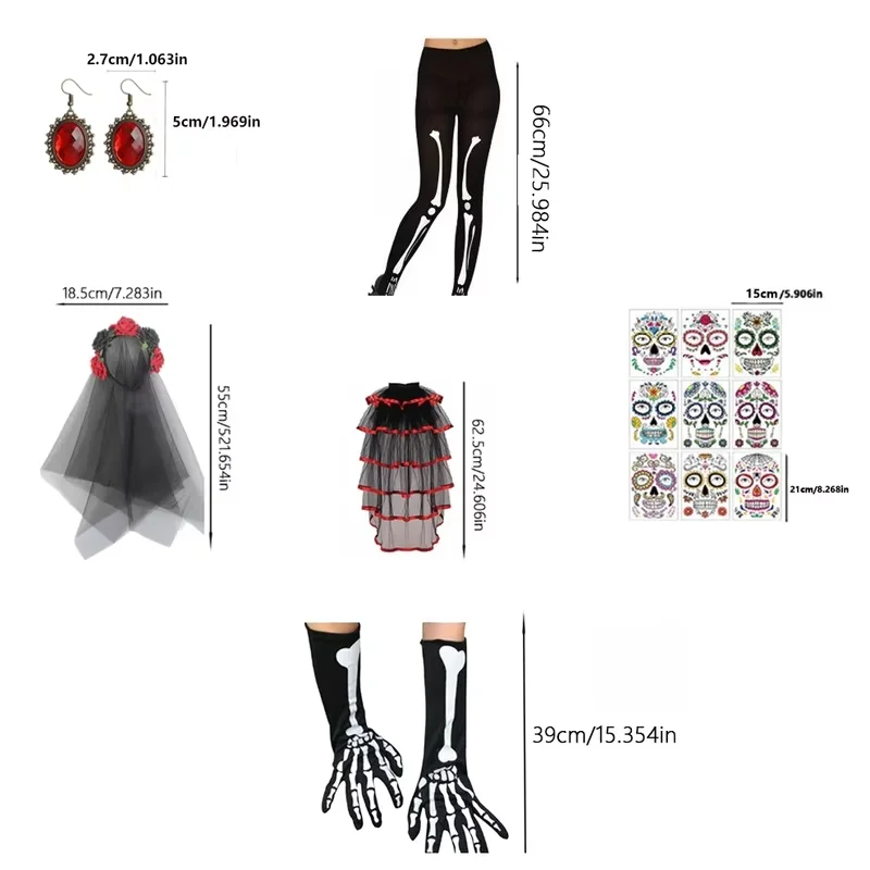 PESENAR Halloween costume accessories: rose veils, earrings, skull gloves and leggings, creating a ghostly fashion appearance
