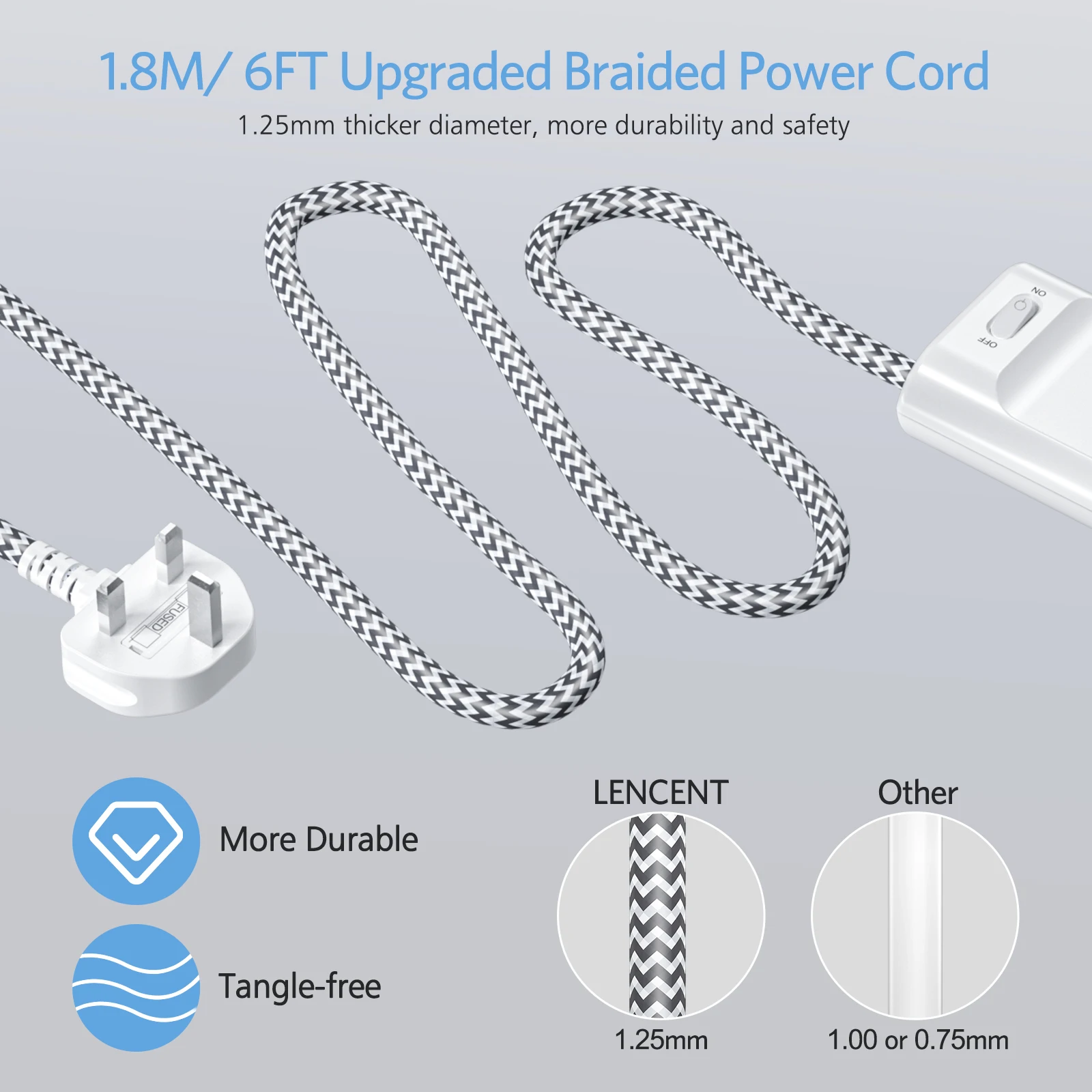 LENCENT UK Power Strip with 4 AC Outlets 4 USB 3250W Multi Power Plug Extension with 1.8M Braided Extension Cord for Home Office