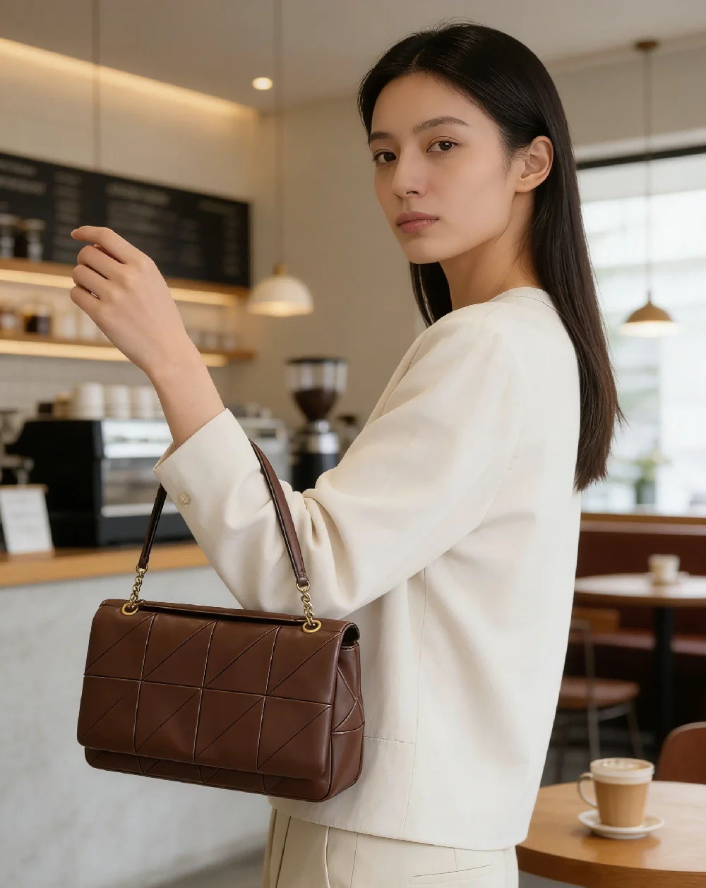 Women's Brown Geometric Quilted Shoulder Bag, Elegant Leather Crossbody Handbag for Office, Casual Commute and Everyday