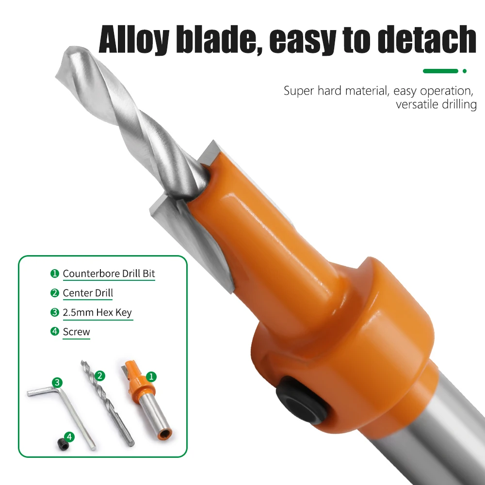XHYkern 8mm Shank Flat Head Countersink Drill Bit Carbide Drill for Wood Screw Flat Countersinking Adjustable Depth MDF Plywood