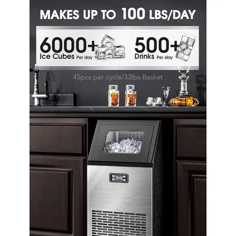 V2.0 Commercial Ice Maker,100 lbs,2-Way Add Water,Under Counter Ice Maker Self Cleaning,Ice Machine with 24 Hour Timer