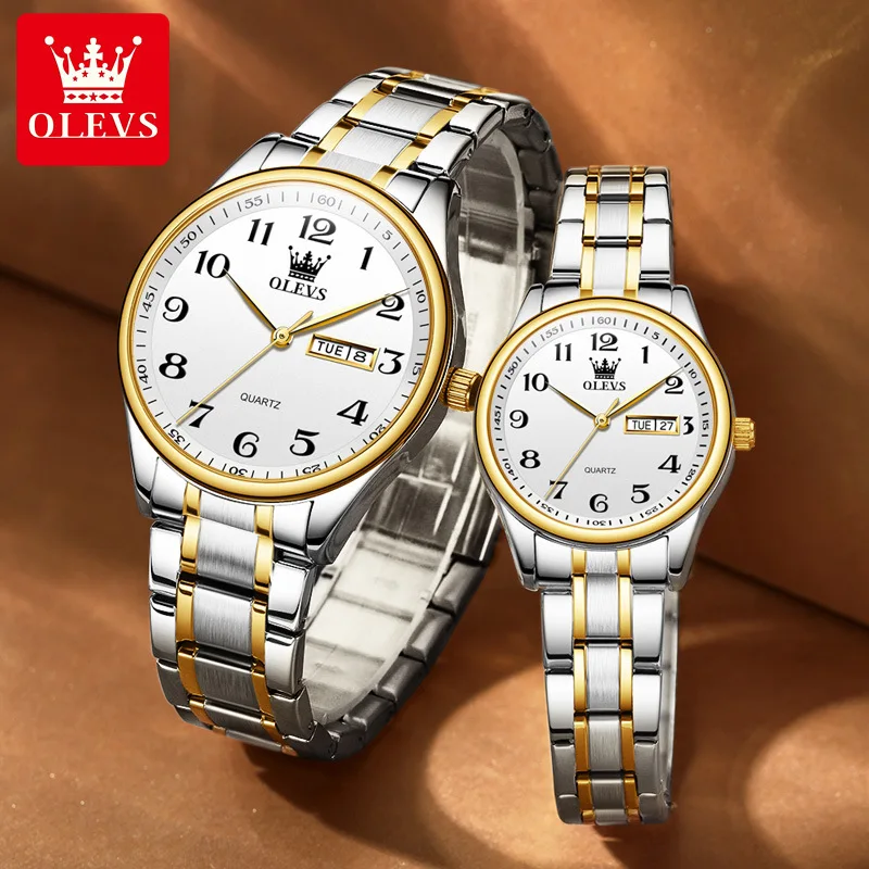 Olevs luxo ouro casal relógio moda aço inoxidável à prova dwaterproof água amantes relógio de quartzo para mulheres masculino semana calendário relógio de pulso