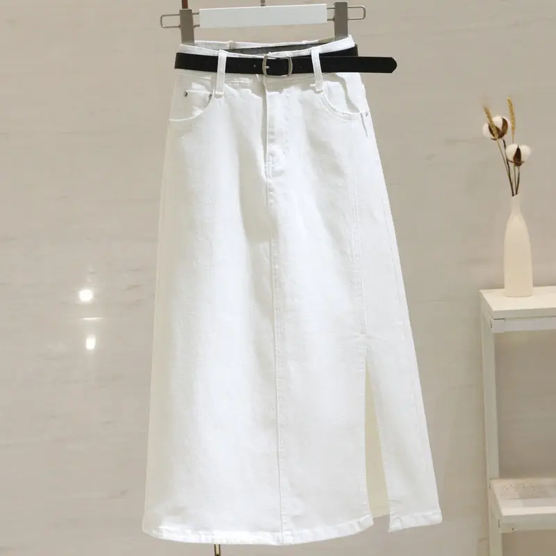 White High-waisted Denim Skirt 2026 New Women's Medium and Long A-shaped Split Hip Skirt