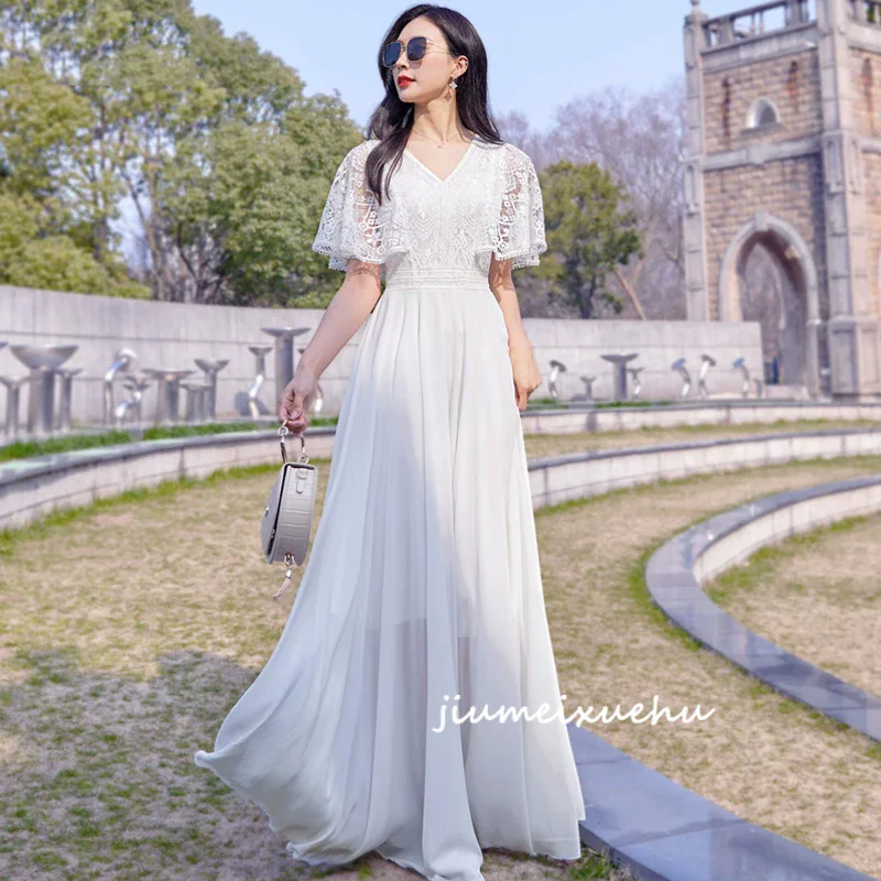 

New Women White Lace Patchwork Long Dress Summer Fashion V-Neck High Waist Slim A-Line Dress Elegant Flowing Holiday Dress