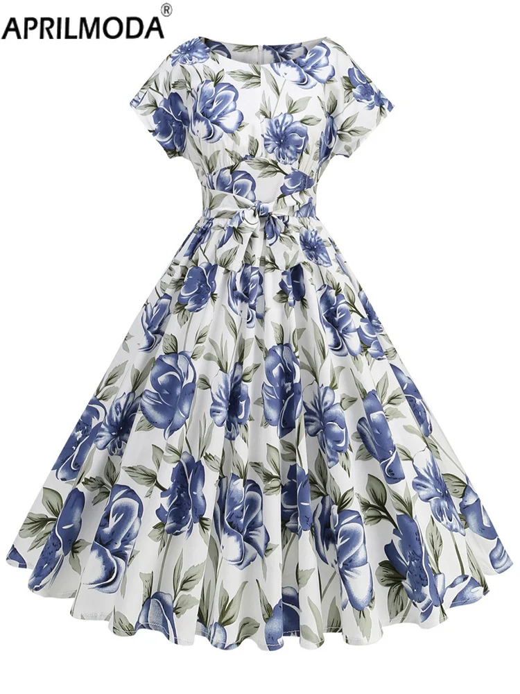 50er Jahre Blumendruck Vintage Sommer Freizeitkleid mit Gürtel Elegant Kurzarm Urlaub Strand Midi Lange Runway Kleider Abendkleider