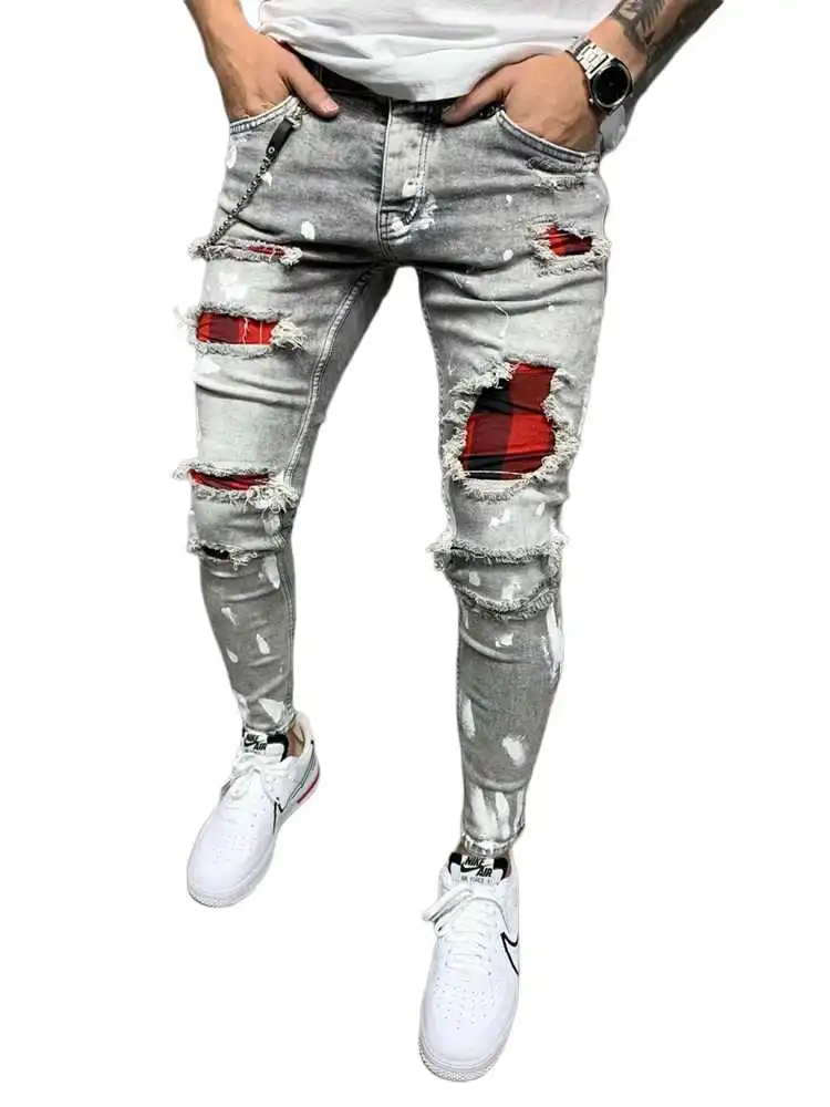 Fashion Street Ripped Jeans 2024 Multi-Patch High Stretch Skinny Pants S-3XL Cycling Hip Hop Style Men's Pants