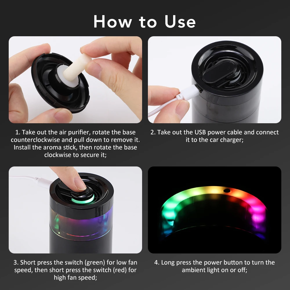 منقي هواء السيارة الصغير التنقية السريعة إزالة رائحة الفورمالديهايد داخل السيارة الأيونات السالبة الضوء المحيط لتنقية هواء السيارة