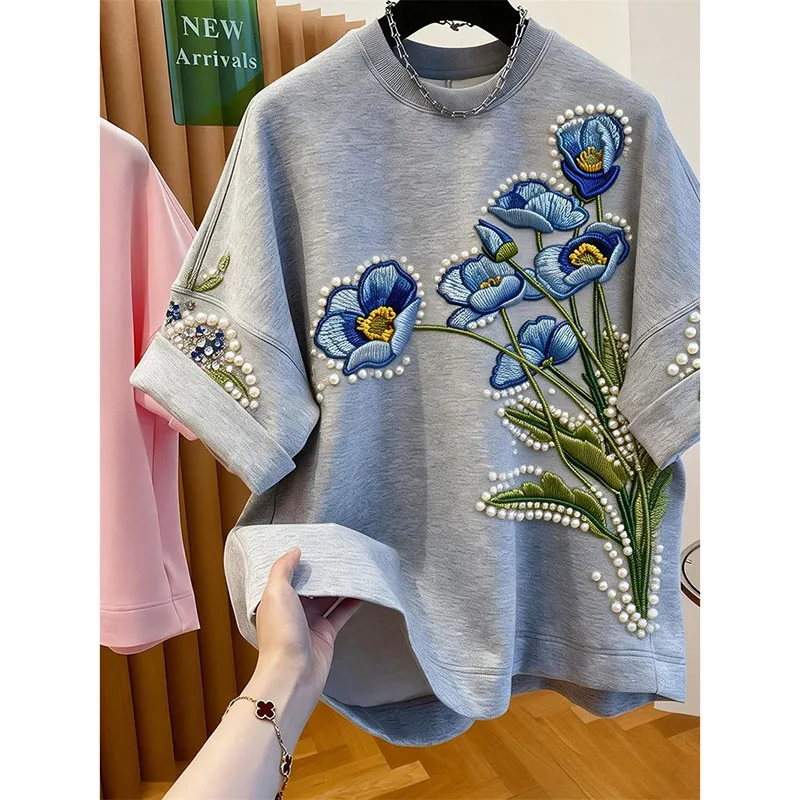 

Fashion Bead Flower Embroidery Loose Short Sleeved T-shirt 2026 Summer New Lazy Style Casual Top Men's and Women's Clothing