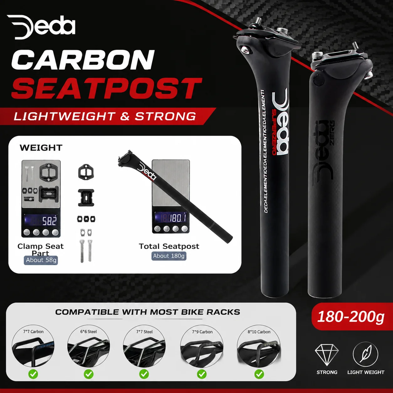

DEDA Ultralight Bicycle Seatpost Carbon 27.2/30.8/31.6mm,MTB/Road Bike Seating Tube,Length 350/400mm Cycling Seatpost,3k matte