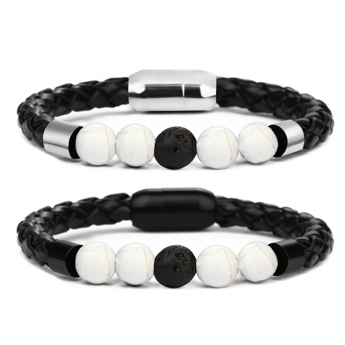 1 Strand Men Stainless Steel Magnetic Buckle Braided Leather Rope Bracelet 8mm Volcanic Rock Imported White Turquoise Simplicity